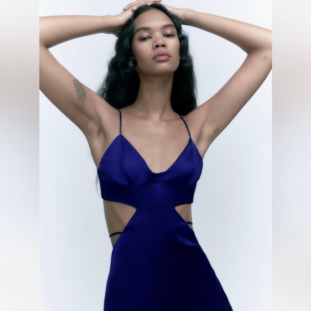 Zara Blue Satin Effects Cut Out Dress xsmall
